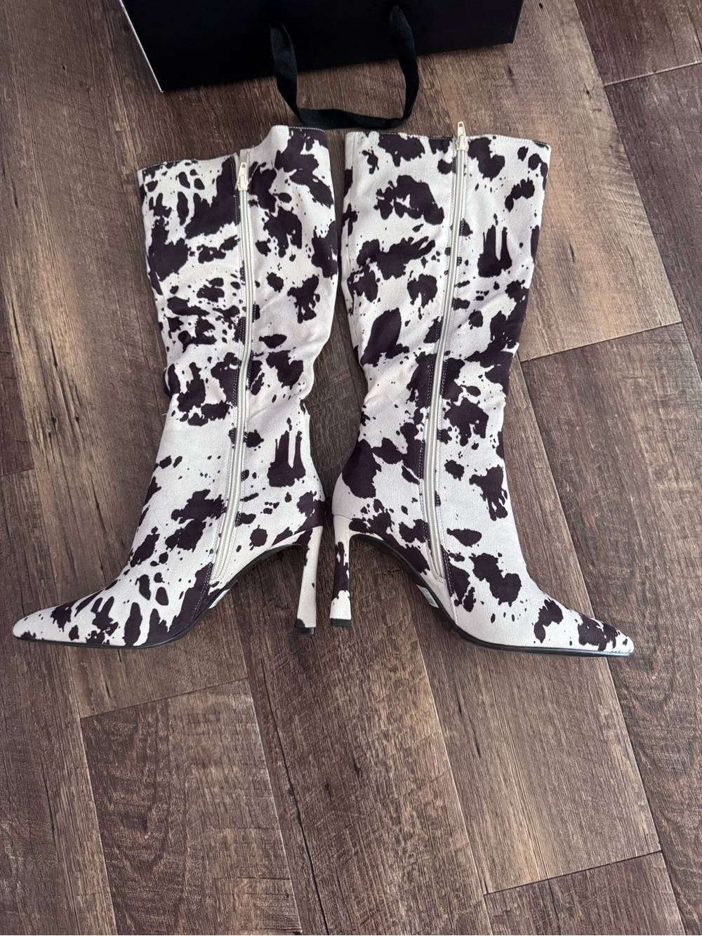 Windsor Cow-Print Pointed Toe Mid-Calf Stiletto Boots - Cream & Black &Brown